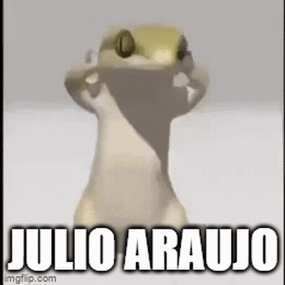 A Cartoon Lizard Is Standing In Front Of A White Background With The Words Julio Araujo Written On It . GIF