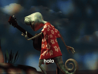 A Cartoon Lizard Playing A Guitar With The Word Hola Below It GIF