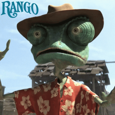 A Cartoon Lizard Wearing A Cowboy Hat And A Hawaiian Shirt With The Word Rango Behind Him GIF