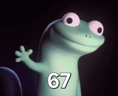 A Cartoon Lizard With The Number 67 On It 'S Chest GIF