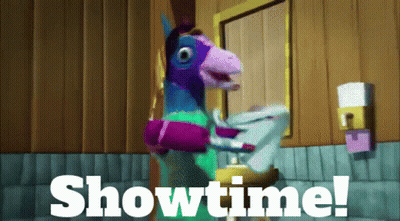 A Cartoon Llama Is Standing In Front Of A Mirror With The Words Showtime Written Below It GIF