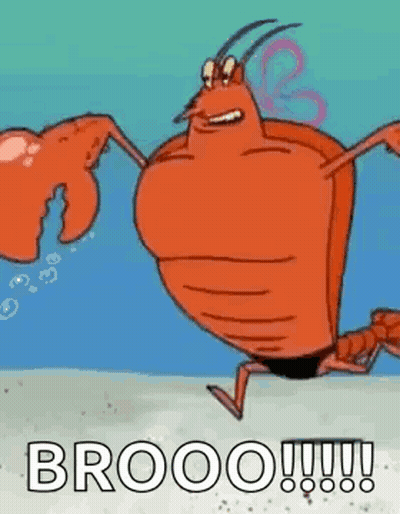 A Cartoon Lobster Is Running On The Beach With The Words `` Brooo '' Written On The Bottom . GIF