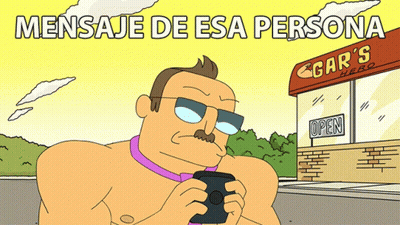 A Cartoon Man Holding A Cell Phone In Front Of A Gar 'S Hero Store GIF