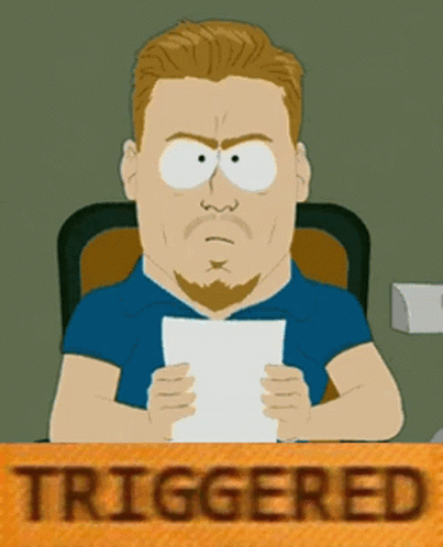 A Cartoon Man Holding A Piece Of Paper Behind A Sign That Says Triggered On It GIF