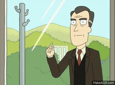A Cartoon Man In A Suit And Tie Is Looking Out Of A Window And Pointing . GIF