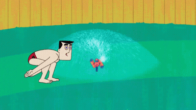 A Cartoon Man In Red Swim Trunks Stands In Front Of A Sprinkler GIF