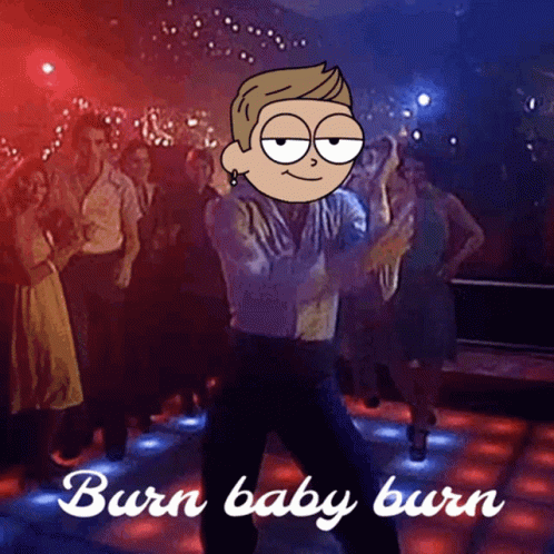 A Cartoon Man Is Dancing On A Dance Floor With The Words Burn Baby Burn Below Him GIF