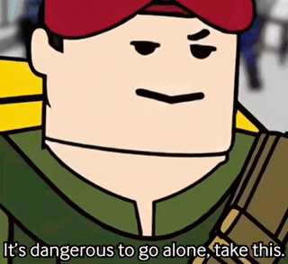 A Cartoon Man Is Holding A Gun And Saying It 'S Dangerous To Go Alone , Take This . GIF