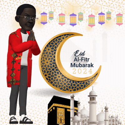 A Cartoon Man Is Praying In Front Of A Crescent Moon That Says ' Eid Al-Fitr Mubarak 2024 ' GIF
