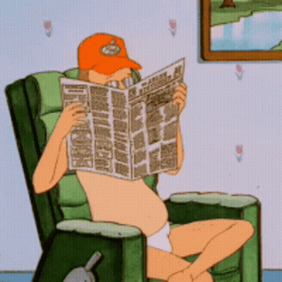 A Cartoon Man Is Reading A Newspaper While Wearing A Hat That Says ' King Of The Hill ' On It GIF