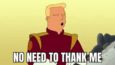 A Cartoon Man Is Saying `` No Need To Thank Me '' While Standing Next To A Pile Of Rocks . GIF