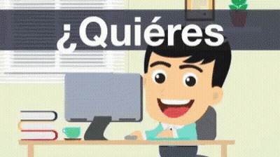 A Cartoon Man Is Sitting At A Desk In Front Of A Computer With The Words Quieres Above Him GIF