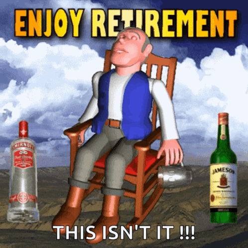 A Cartoon Man Is Sitting In A Rocking Chair With A Bottle Of Jameson Behind Him GIF
