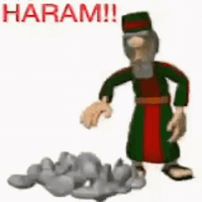 A Cartoon Man Is Throwing A Rock At A Pile Of Rocks And The Word Haram Is On The Bottom . GIF