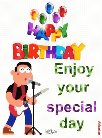 A Cartoon Man Singing Into A Microphone With The Words Happy Birthday Enjoy Your Special Day Below Him GIF