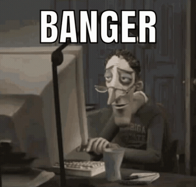 A Cartoon Man Sitting In Front Of A Computer With The Word Banger Written On The Screen GIF