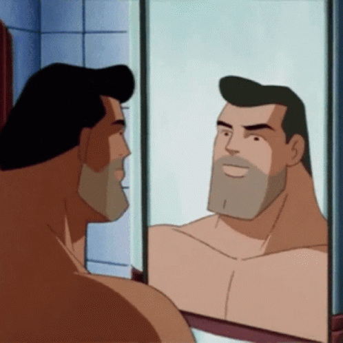A Cartoon Man With A Beard Is Looking At Himself In The Mirror GIF