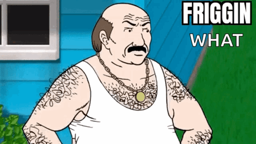 A Cartoon Man With A Mustache Is Standing In Front Of A Blue House With Friggin What Written On The Bottom GIF
