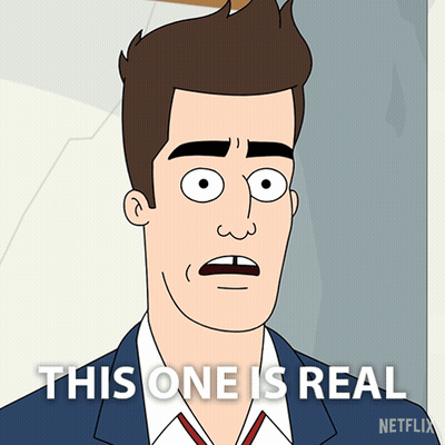 A Cartoon Man With A Surprised Look On His Face And The Words This One Is Real Below Him GIF