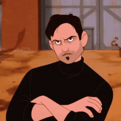 A Cartoon Man With His Arms Crossed Is Wearing A Black Turtleneck Sweater And Making An Angry Face . GIF