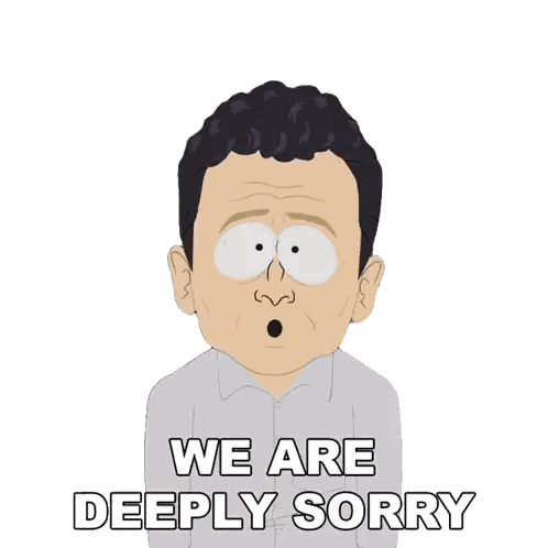 A Cartoon Man With His Eyes Closed And The Words We Are Deeply Sorry Below Him Sticker