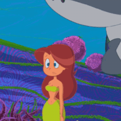 A Cartoon Mermaid With A Star In Her Hair Stands Next To A Shark GIF