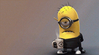 A Cartoon Minion Holding A Cup Of Coffee And A Pencil GIF