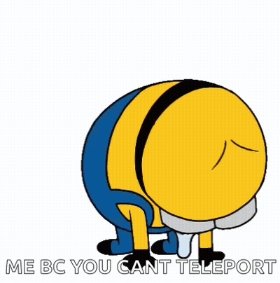 A Cartoon Minion Is Crying With Tears Coming Out Of His Eyes And The Words `` Me Bc You Cant Teleport '' . GIF