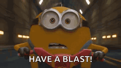 A Cartoon Minion Is Riding A Motorcycle And Saying `` Have A Blast ! '' GIF