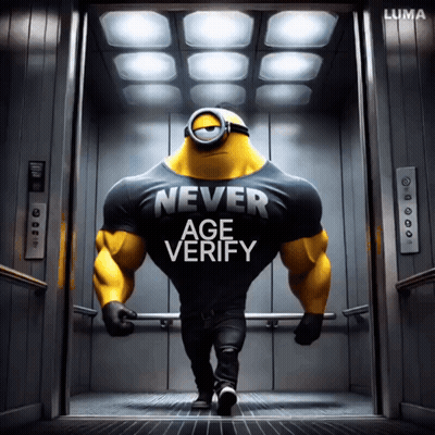 A Cartoon Minion Wearing A Shirt That Says Never Age Verify GIF