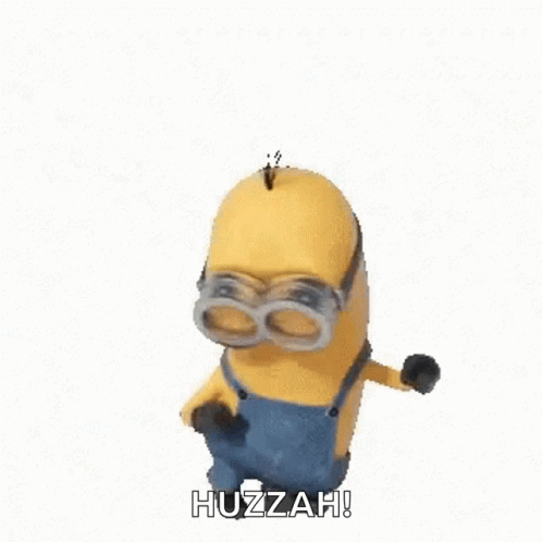 A Cartoon Minion Wearing Goggles And Overalls Is Dancing And Saying Huzzah . GIF