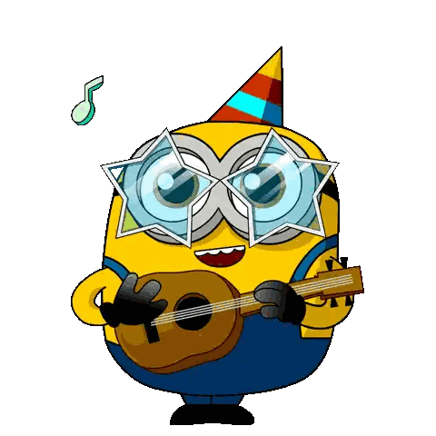 A Cartoon Minion Wearing Sunglasses And A Party Hat Plays A Guitar Sticker