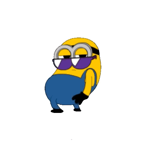 A Cartoon Minion Wearing Sunglasses And Blue Overalls Is Dancing . GIF