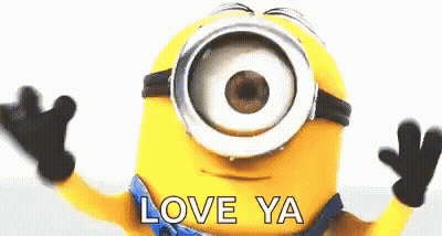 A Cartoon Minion With A Big Eye Is Waving His Arms In The Air And Says `` Love Ya '' . GIF