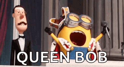 A Cartoon Minion With A Crown And Goggles Singing Into A Microphone With The Words Queen Bob Written Below Him GIF