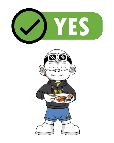 A Cartoon Monkey Eating Sushi Next To A Yes Button Sticker
