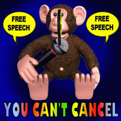 A Cartoon Monkey Holding A Microphone With Speech Bubbles That Say Free Speech And You Can 'T Cancel GIF