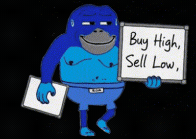 A Cartoon Monkey Holding A Sign That Says Buy High Sell Low GIF