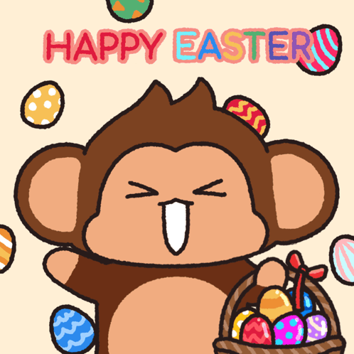 A Cartoon Monkey Is Holding A Basket Of Easter Eggs GIF