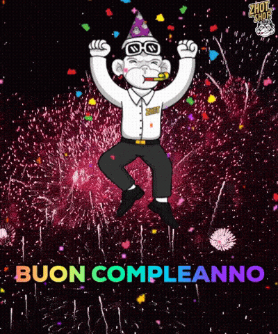 a cartoon monkey is jumping in the air with the words buon compleanno written below him