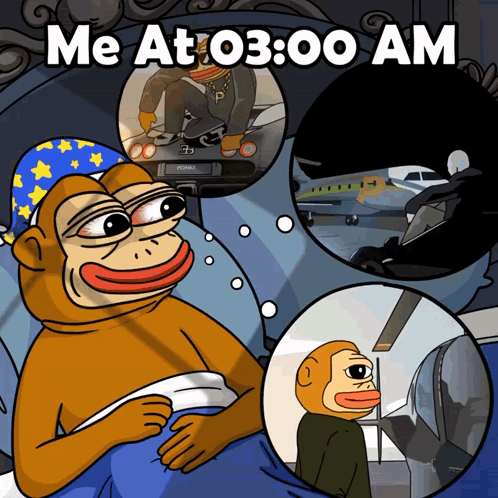 A Cartoon Monkey Is Laying In Bed With The Words Me At 03:00 Am Above Him GIF