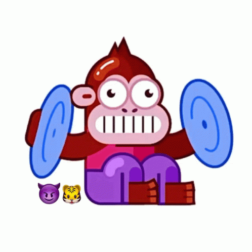 A Cartoon Monkey Is Lifting A Blue Dumbbell Surrounded By Emojis GIF