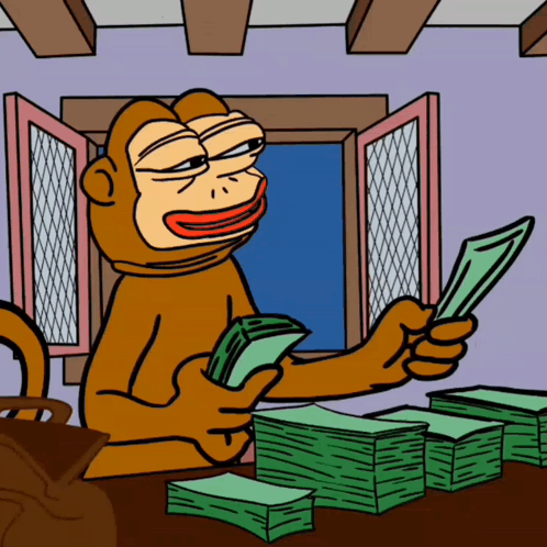 A Cartoon Monkey Is Sitting At A Table Holding A Stack Of Money GIF