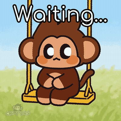 A Cartoon Monkey Is Sitting On A Swing With The Words " Waiting " Written Above Him GIF