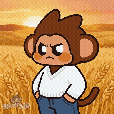 a cartoon monkey is standing in a field with his hands in his pockets and the word chimpers on the bottom left
