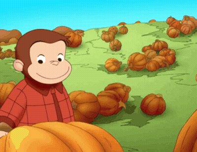 A Cartoon Monkey Is Standing In Front Of A Field Of Pumpkins GIF