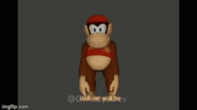 A Cartoon Monkey Is Standing On A Gray Background . GIF