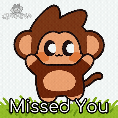A Cartoon Monkey Says " Missed You " In Front Of A Grassy Field GIF