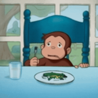 A Cartoon Monkey Sitting At A Table With A Plate Of Food And A Glass Of Milk GIF