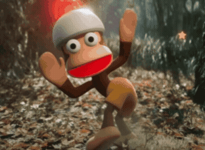 A Cartoon Monkey Wearing A Hat And Shorts Is Standing In The Woods GIF